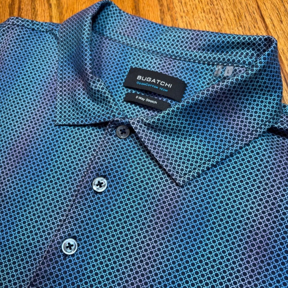 Bugatchi Polo Shirt Mens L Navy OoohCotton Tech 8-Way Stretch Geometric Pattern